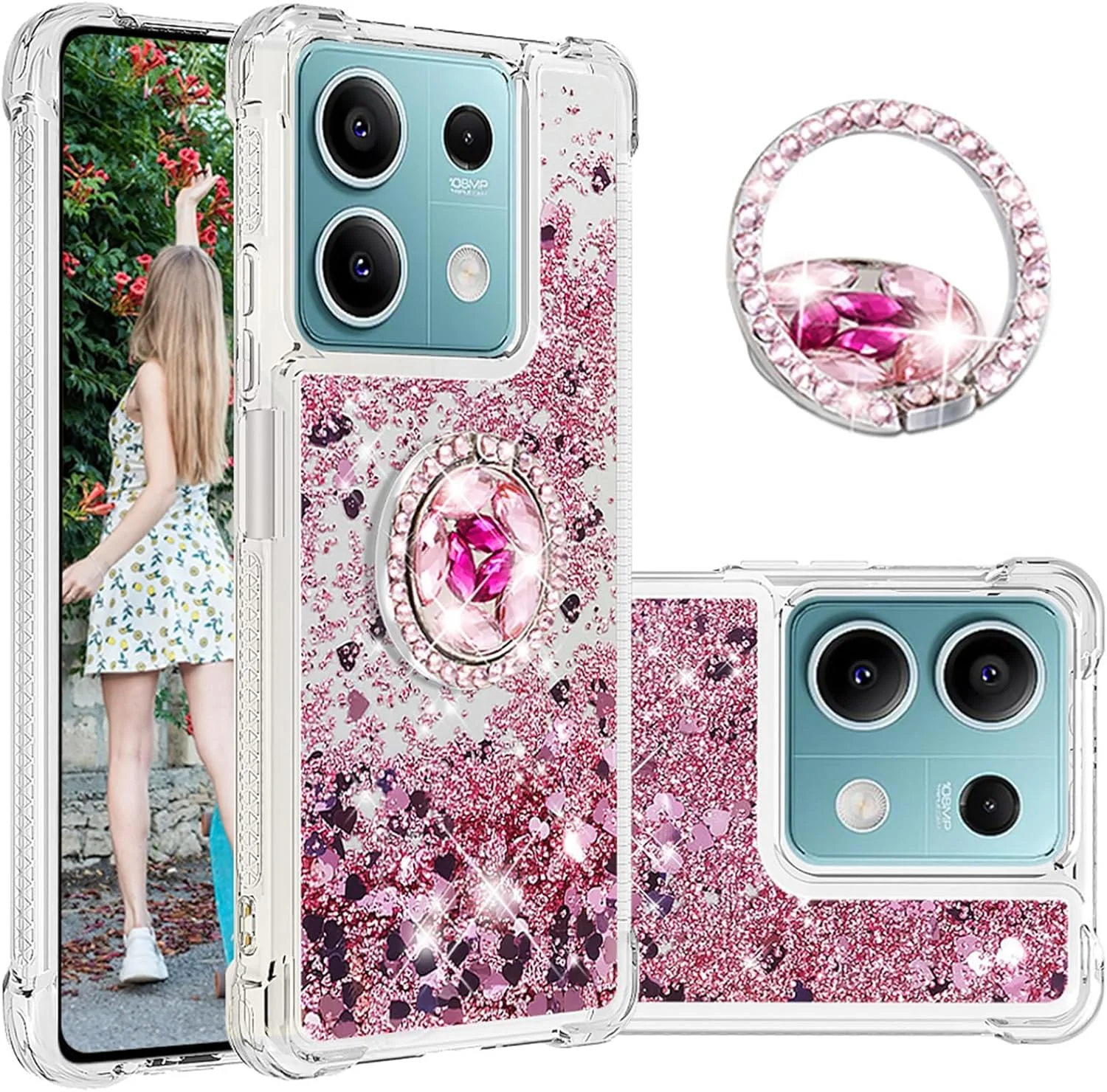 کاور مایع اکلیلی روان برای گوشی شیائومی ردمی نوت ۱۳ 5G به همراه استند الماسی، طراحی لوکس و درخشان - رنگ رزگلد