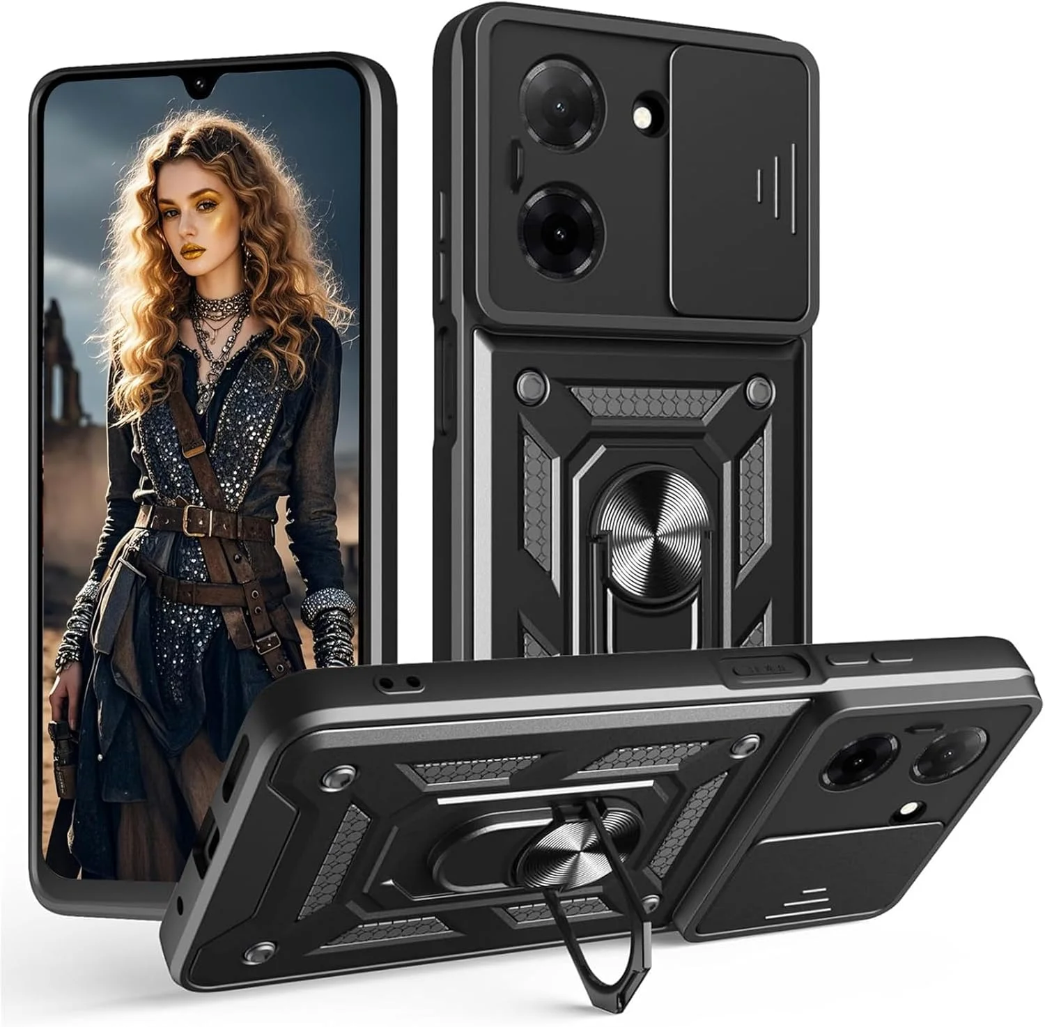 قاب محافظ گوشی شیائومی ردمی A5 4G با پایه نگهدارنده، محافظت ضد ضربه با درجه نظامی، دارای پوشش کشویی دوربین و حلقه مغناطیسی چرخان 360 درجه، رنگ مشکی