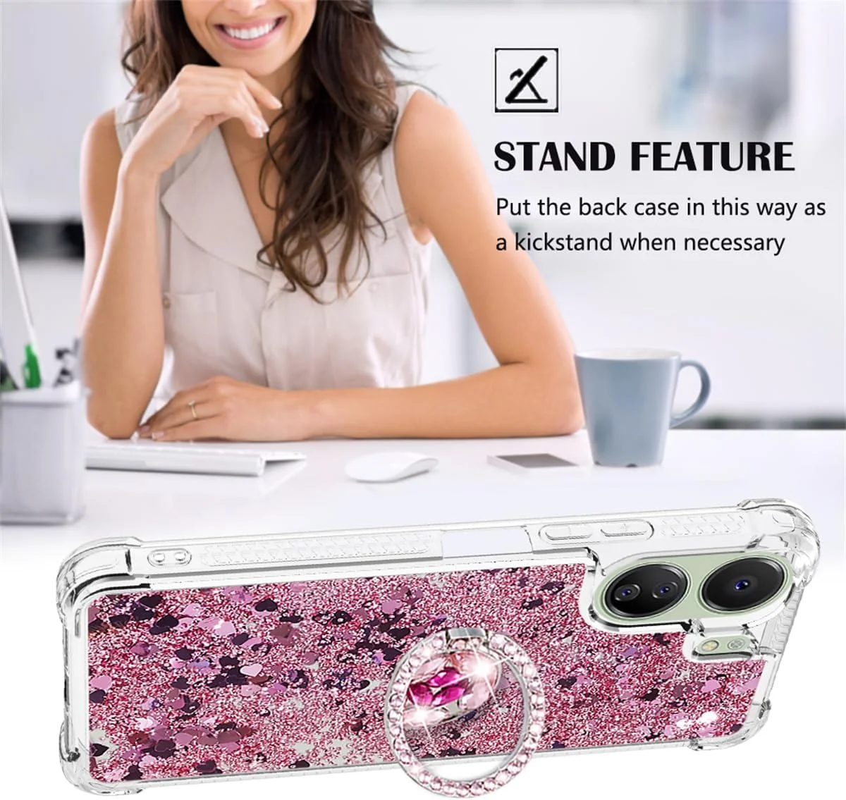 کاور مایع اکلیلی روان برای گوشی شیائومی ردمی 13C 4G با پایه الماسی، محافظ درخشان و ضد ضربه - رزگلد