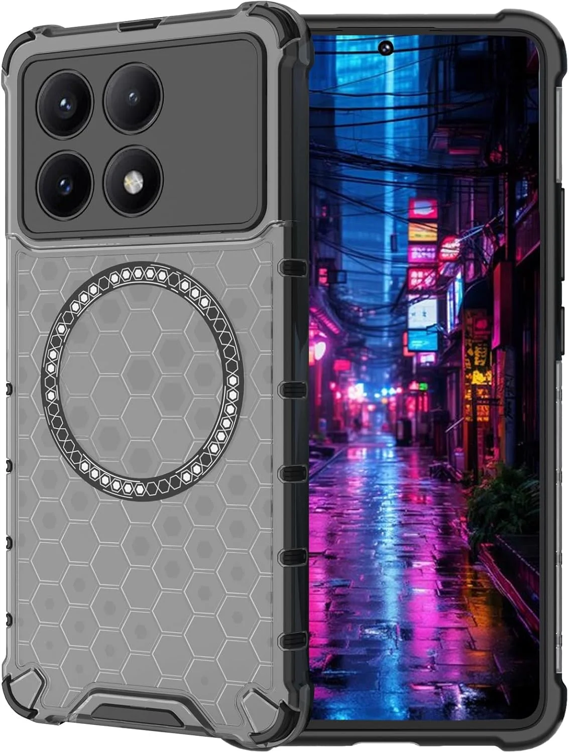 کاور محافظ شفاف لانه زنبوری برای شیائومی پوکو X6 پرو/ ردمی K70E، کاور باریک و ضد ضربه PC سازگار با شارژ بی‌سیم MagSafe، کاور محافظ ضد خش برای شیائومی پوکو X6 پرو FWC-مشکی