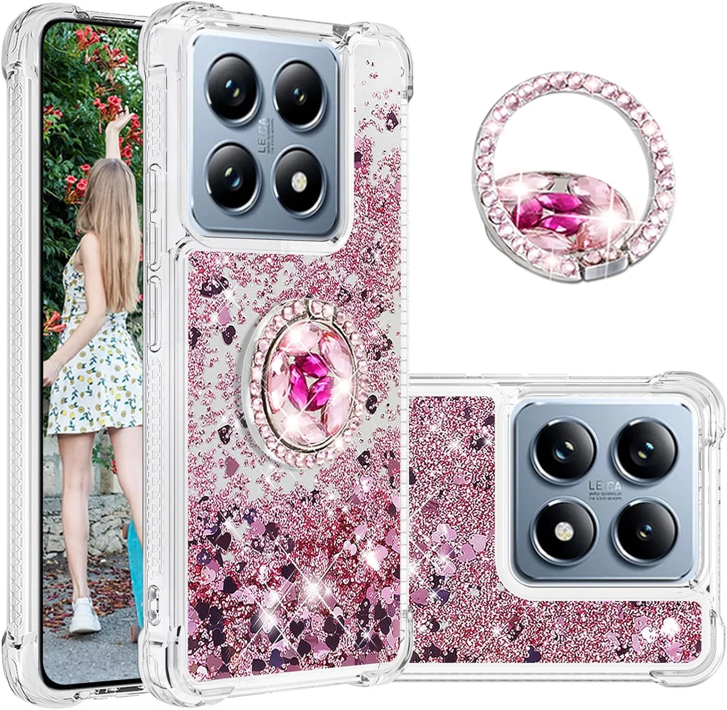 کاور مایع اکلیلی روان برای شیائومی 14 تی پرو/شیائومی 14 تی با پایه الماس، کاور شفاف درخشان و لوکس برای شیائومی 14 تی پرو. LSZ-صورتی