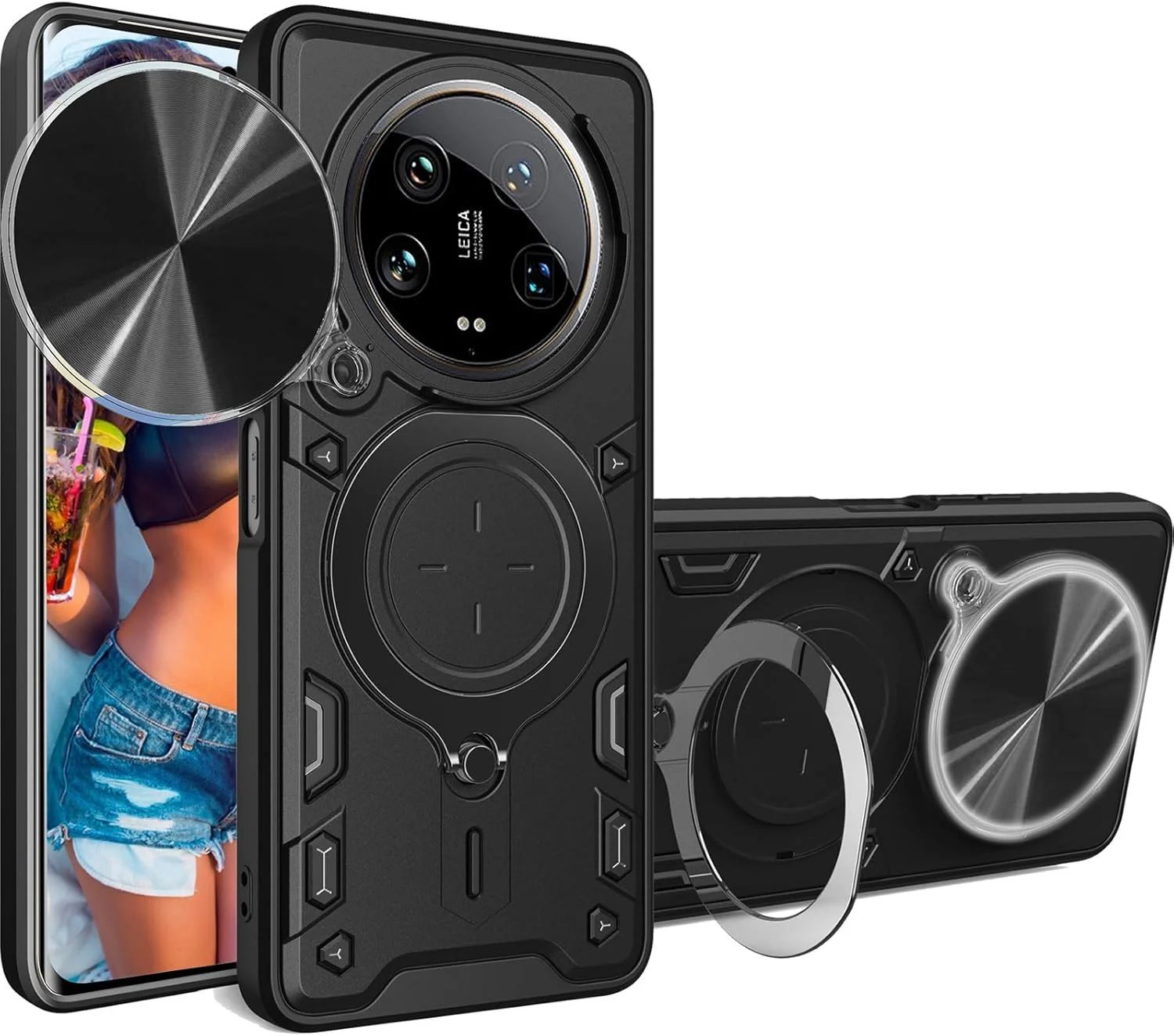 قاب محافظ زرهی شیائومی 14 اولترا با حلقه مغناطیسی استند، قاب مقاوم و ضد ضربه با پوشش کشویی لنز دوربین برای شیائومی 14 اولترا - مشکی