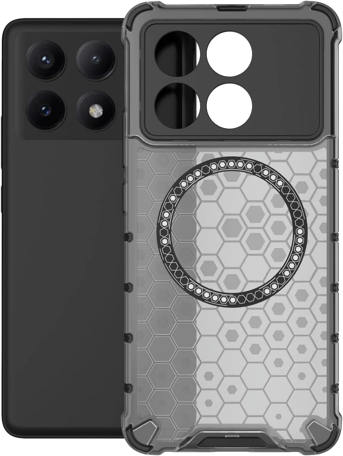 کاور محافظ شفاف لانه زنبوری برای شیائومی پوکو X6 پرو/ ردمی K70E، کاور باریک و ضد ضربه PC سازگار با شارژ بی‌سیم MagSafe، کاور محافظ ضد خش برای شیائومی پوکو X6 پرو FWC-مشکی