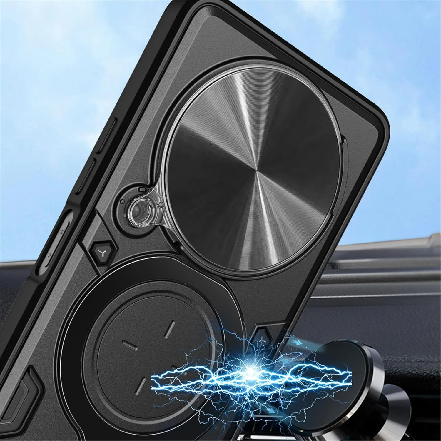 قاب محافظ زرهی شیائومی 14 اولترا با حلقه مغناطیسی استند، قاب مقاوم و ضد ضربه با پوشش کشویی لنز دوربین برای شیائومی 14 اولترا - مشکی