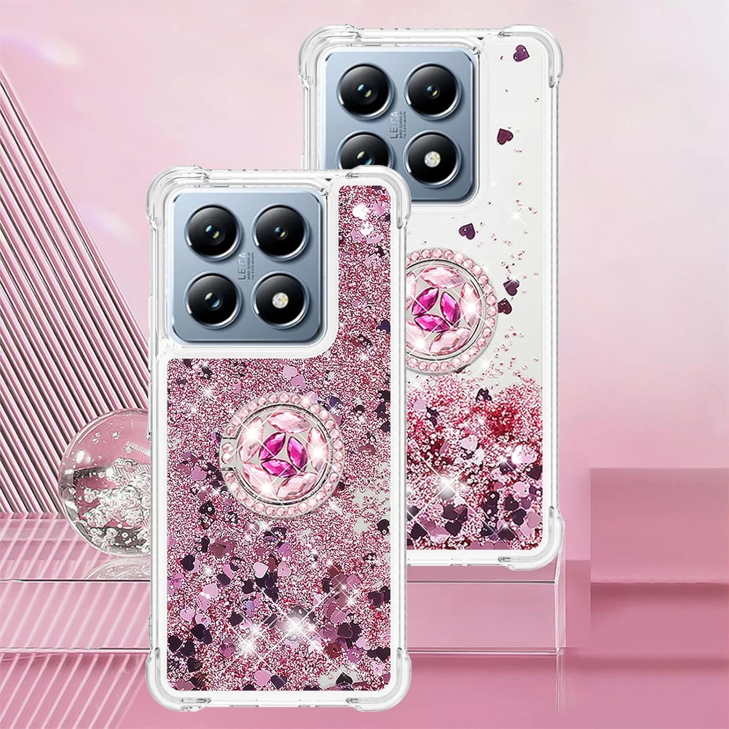 کاور مایع اکلیلی روان برای شیائومی 14 تی پرو/شیائومی 14 تی با پایه الماس، کاور شفاف درخشان و لوکس برای شیائومی 14 تی پرو. LSZ-صورتی