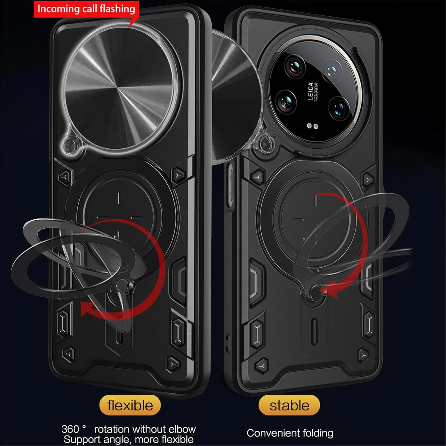 قاب محافظ زرهی شیائومی 14 اولترا با حلقه مغناطیسی استند، قاب مقاوم و ضد ضربه با پوشش کشویی لنز دوربین برای شیائومی 14 اولترا - مشکی