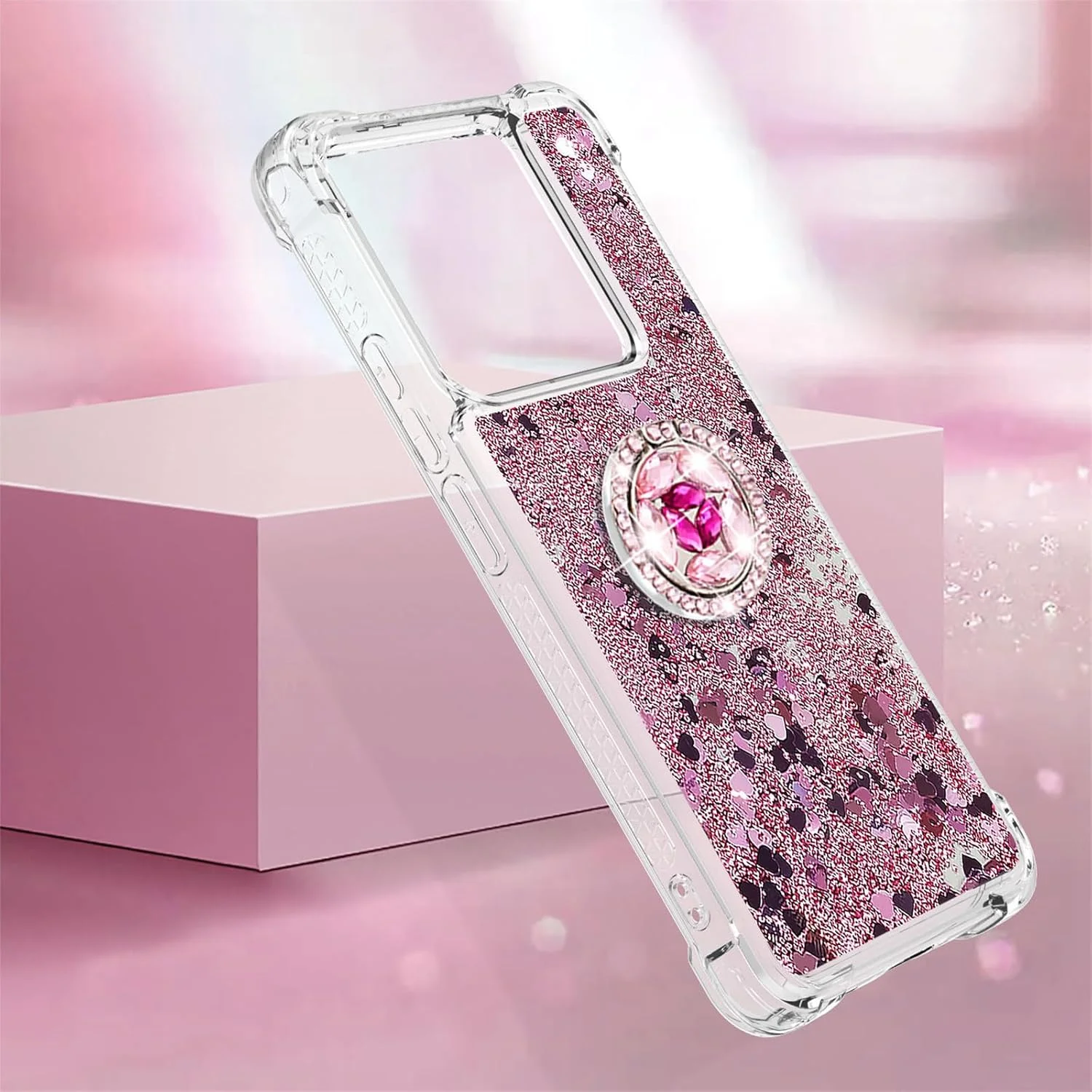 کاور مایع اکلیلی روان برای شیائومی 14 تی پرو/شیائومی 14 تی با پایه الماس، کاور شفاف درخشان و لوکس برای شیائومی 14 تی پرو. LSZ-صورتی