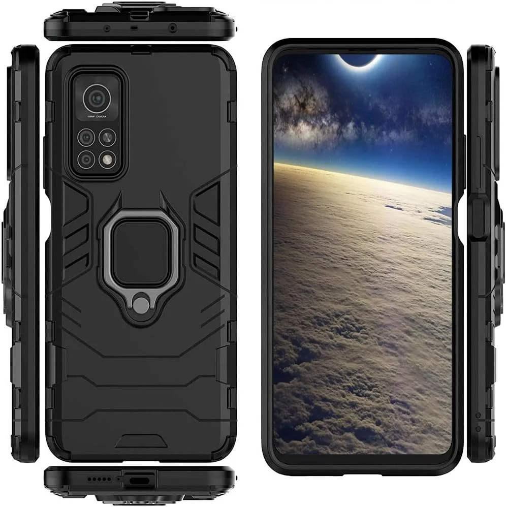 قاب محافظ شیائومی می 10T/10T Pro 5G، کاور محافظ دو لایه ضد ضربه با استند و محافظ صفحه نمایش شیشه ای حرارت دیده [2 عدد]، مشکی