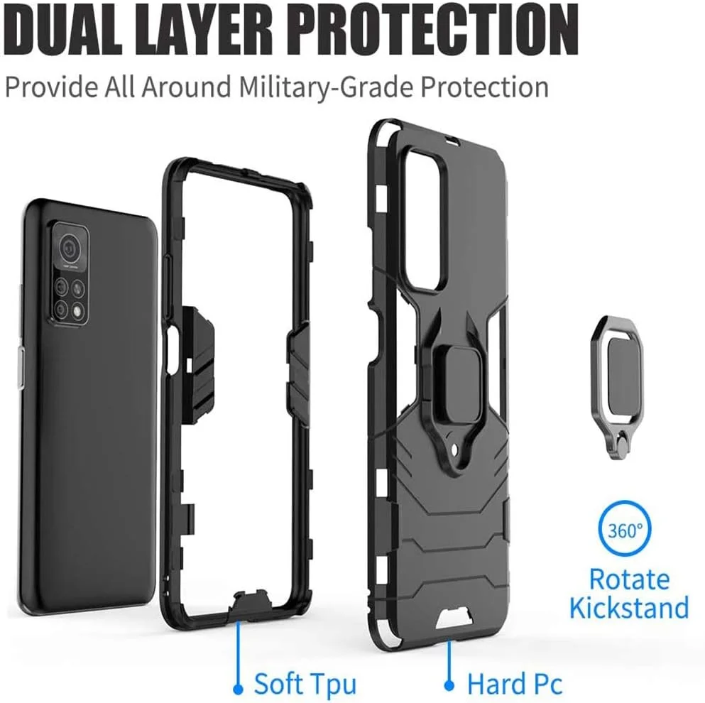 قاب محافظ شیائومی می 10T/10T Pro 5G، کاور محافظ دو لایه ضد ضربه با استند و محافظ صفحه نمایش شیشه ای حرارت دیده [2 عدد]، مشکی