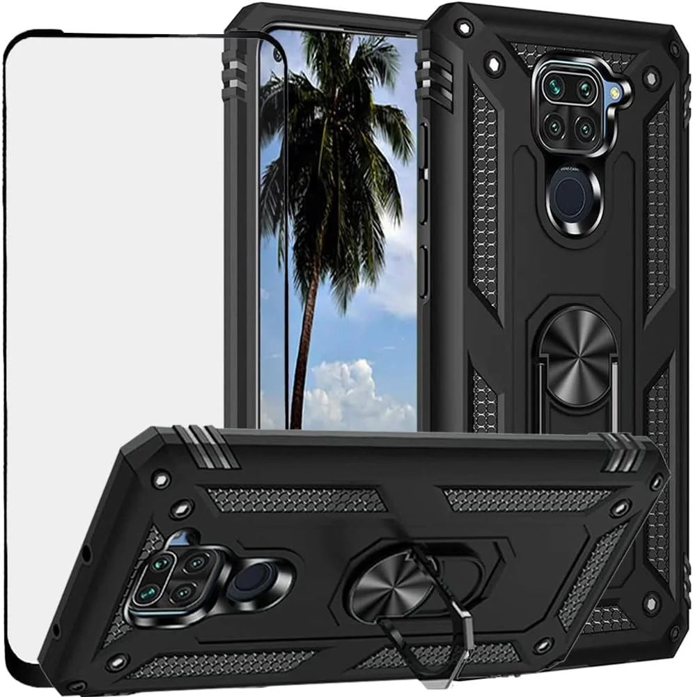 قاب محافظ گوشی شیائومی ردمی نوت 9 به همراه محافظ صفحه نمایش شیشه ای، دو لایه مقاوم در برابر ضربه و خط و خش، دارای استند، رنگ مشکی