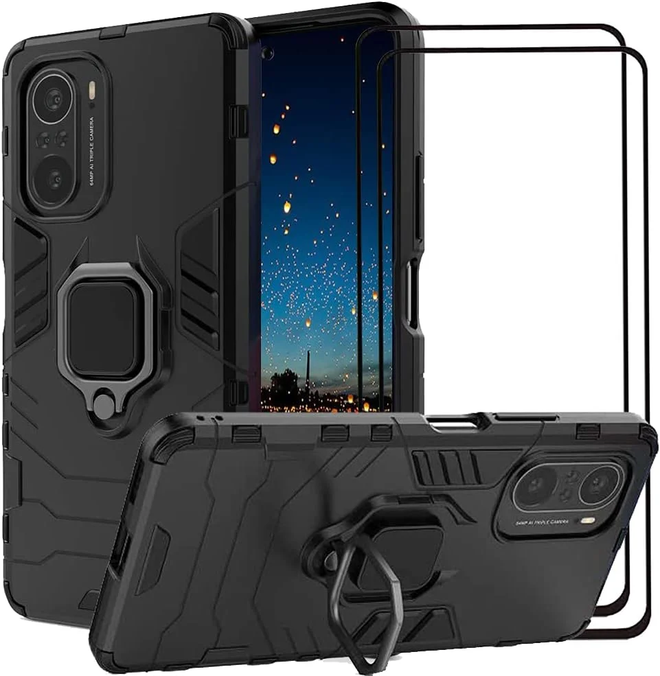 قاب محافظ دو لایه شیائومی پوکو F3 / ردمی K40 / K40 پرو، مقاوم در برابر ضربه، دارای استند و محافظ صفحه نمایش شیشه ای حرارت دیده (2 عدد)، مشکی