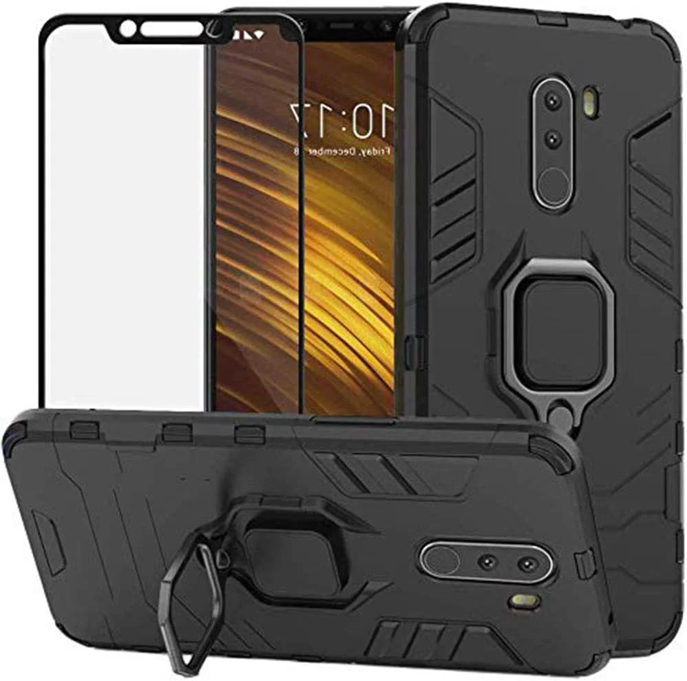 قاب محافظ گوشی شیائومی پوکوفون F1 / پوکو F1، مدل دو لایه هیبریدی مقاوم در برابر ضربه، دارای استند و پوشش سخت پشتی به همراه محافظ صفحه نمایش شیشه ای، مشکی