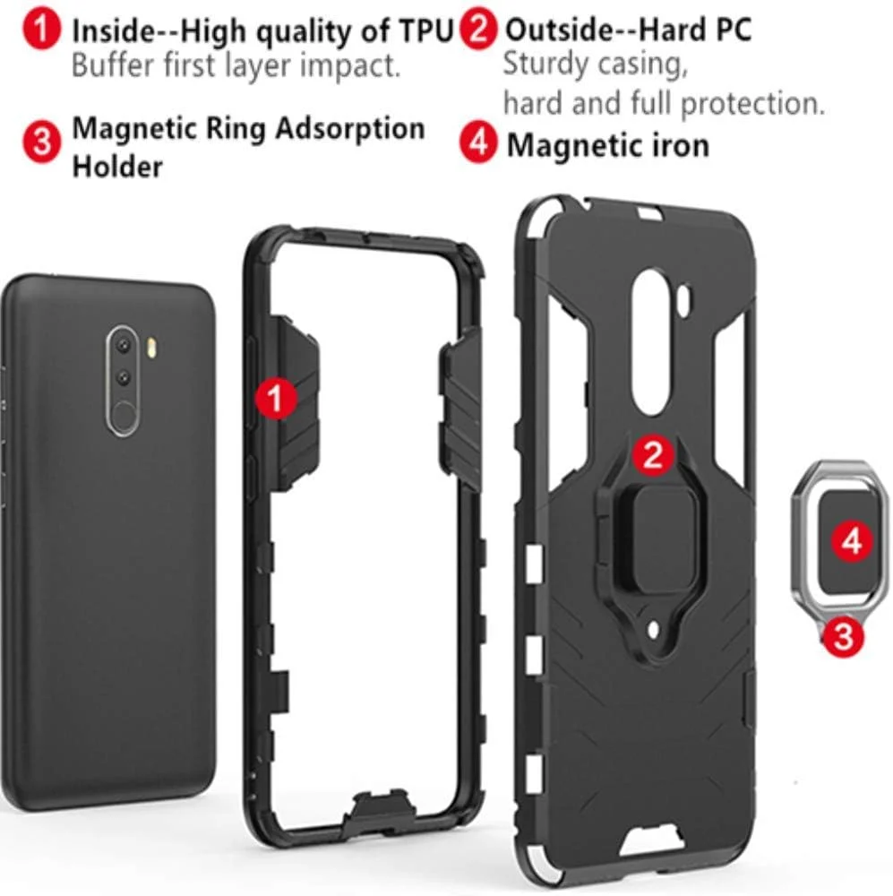 قاب محافظ گوشی شیائومی پوکوفون F1 / پوکو F1، مدل دو لایه هیبریدی مقاوم در برابر ضربه، دارای استند و پوشش سخت پشتی به همراه محافظ صفحه نمایش شیشه ای، مشکی