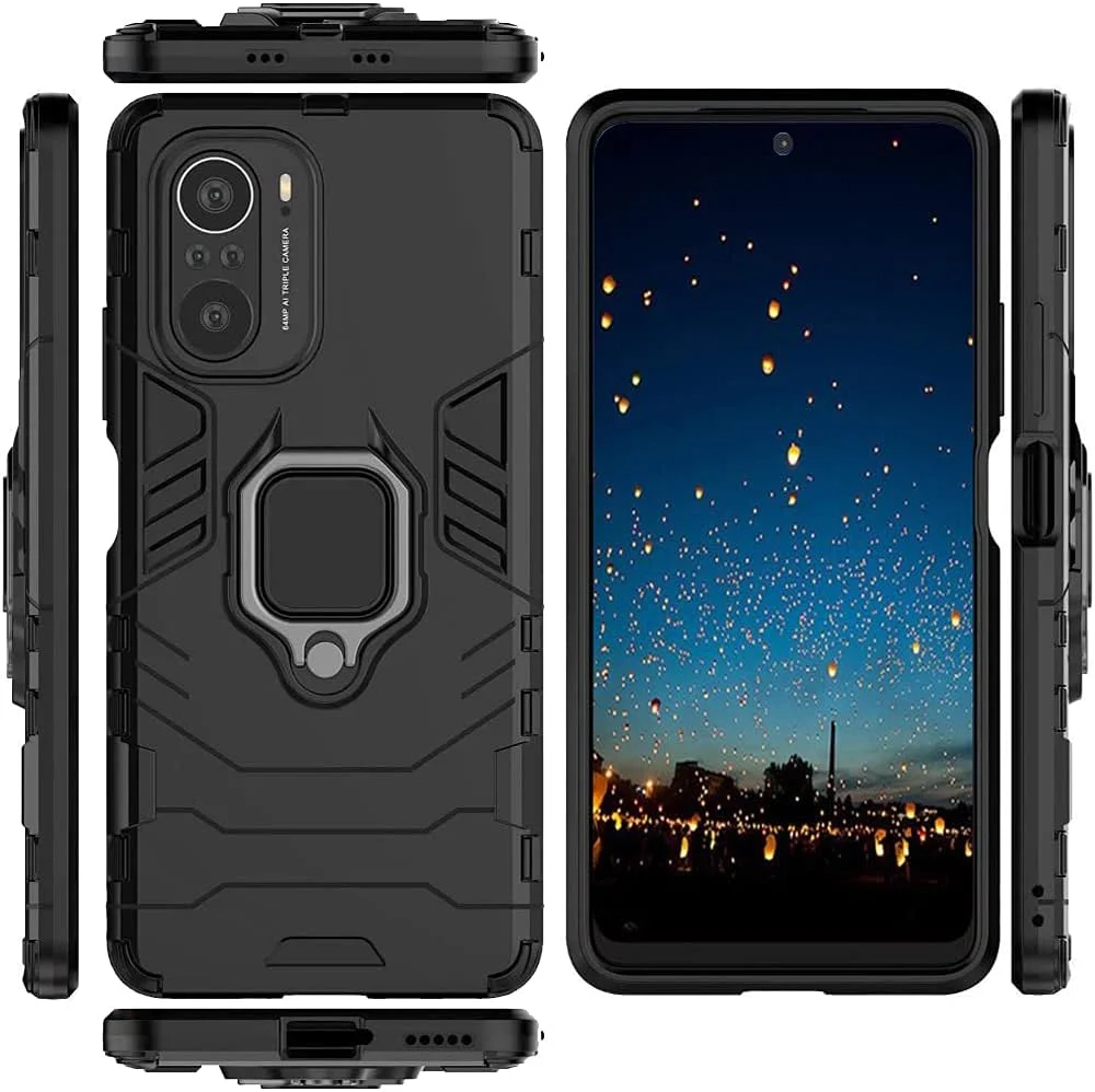 قاب محافظ دو لایه شیائومی پوکو F3 / ردمی K40 / K40 پرو، مقاوم در برابر ضربه، دارای استند و محافظ صفحه نمایش شیشه ای حرارت دیده (2 عدد)، مشکی