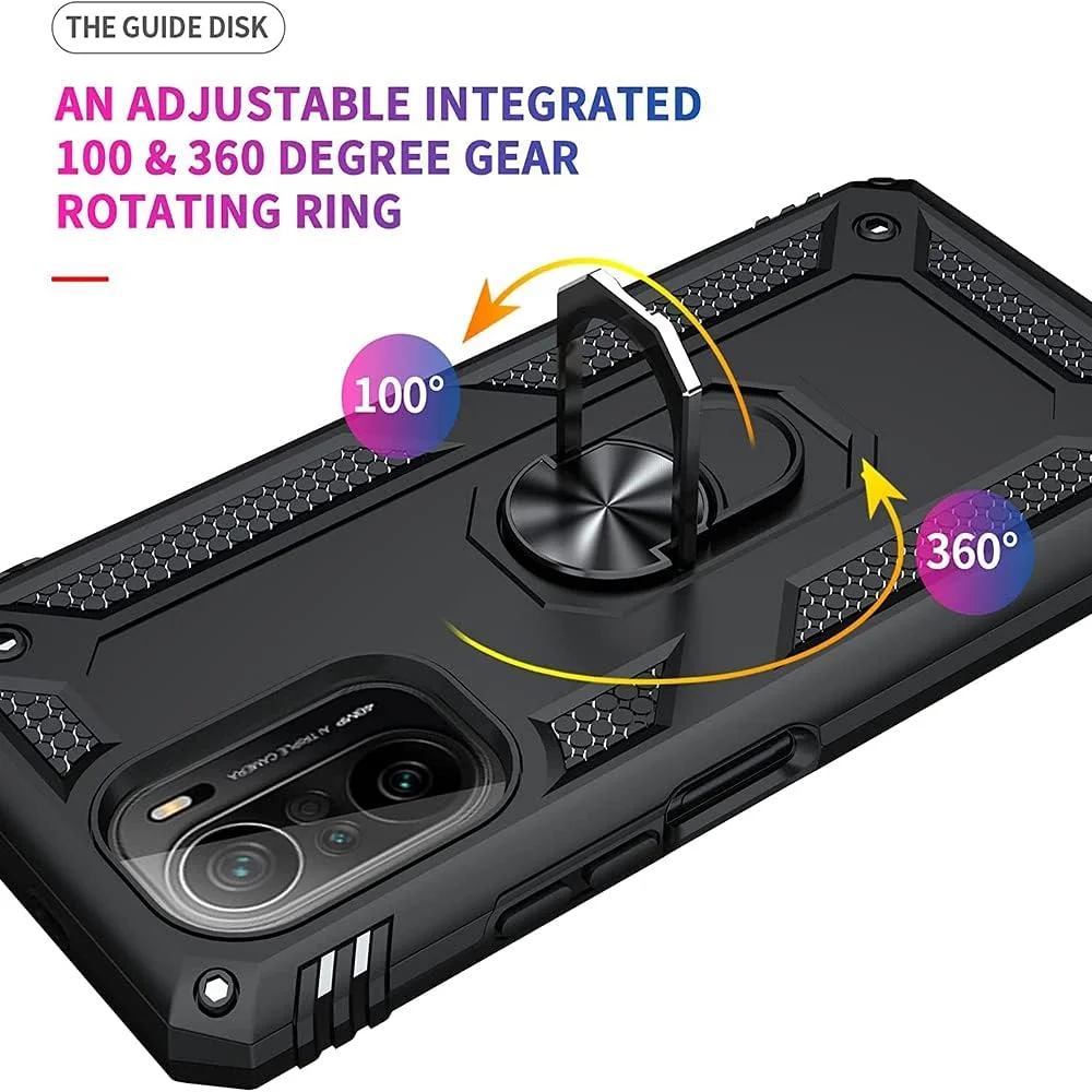 قاب محافظ برای گوشی شیائومی پوکو F3 / ردمی K40 / K40 پرو به همراه محافظ صفحه نمایش شیشه ای [2 عدد]، دو لایه مقاوم در برابر ضربه و ضد خش، دارای استند، رنگ مشکی