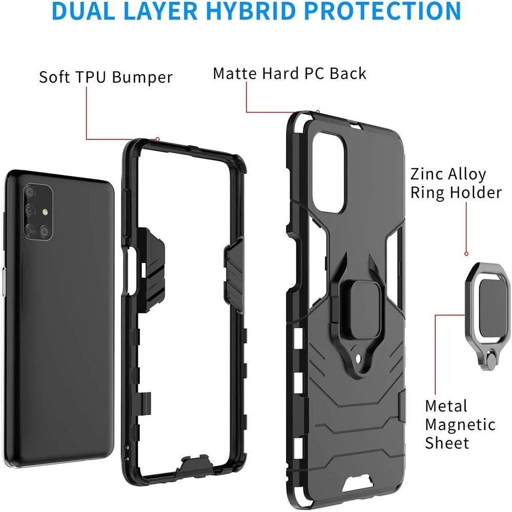 قاب محافظ دو لایه شیائومی پوکو F3 / ردمی K40 / K40 پرو، مقاوم در برابر ضربه، دارای استند و محافظ صفحه نمایش شیشه ای حرارت دیده (2 عدد)، مشکی