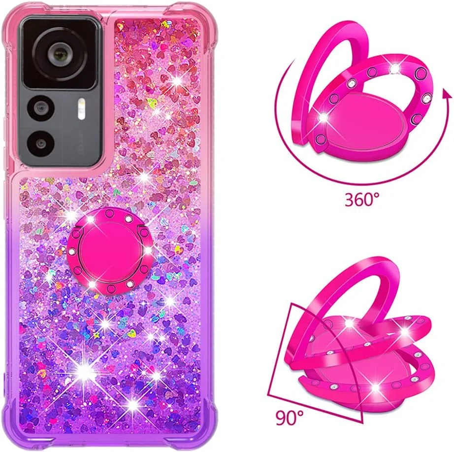 قاب گوشی شیائومی 12T، سری گرادینت کوئیک سند، اکلیلی براق، مایع روان، استند انگشتی شناور، ضربه گیر TPU، گوشه های تقویت شده، قاب زنانه برای شیائومی 12T پرو، صورتی-بنفش