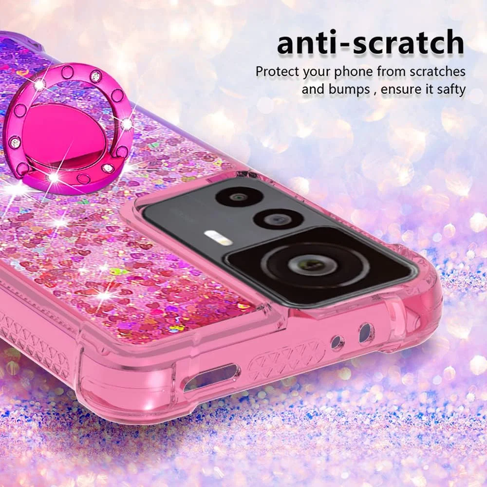 قاب گوشی شیائومی 12T، سری گرادینت کوئیک سند، اکلیلی براق، مایع روان، استند انگشتی شناور، ضربه گیر TPU، گوشه های تقویت شده، قاب زنانه برای شیائومی 12T پرو، صورتی-بنفش