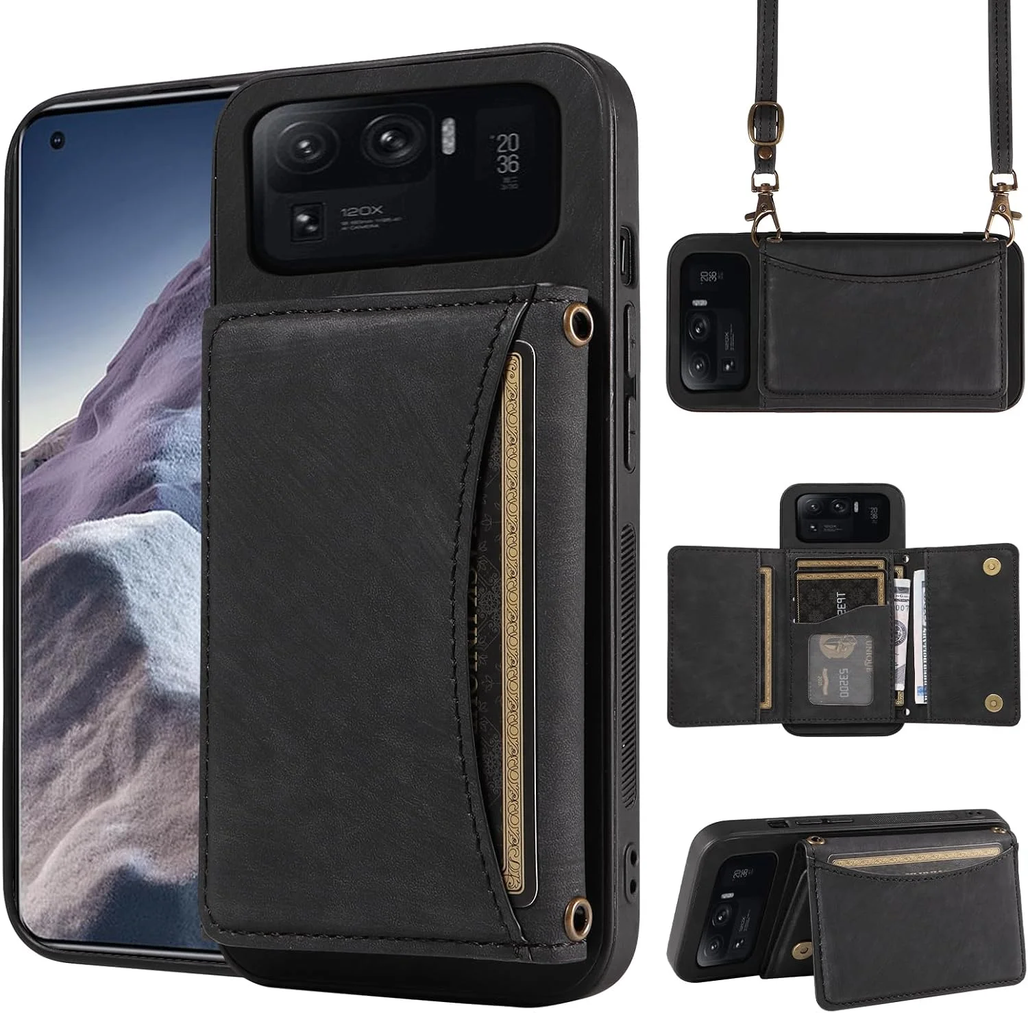 کیف پول گوشی موبایل شیائومی می 11 اولترا 5G با بند دوشی و جای کارت اعتباری چرمی، پایه تاشو باریک، لوازم جانبی موبایل Mi11Ultra Mi11 11Ultra G5 دخترانه زنانه مشکی