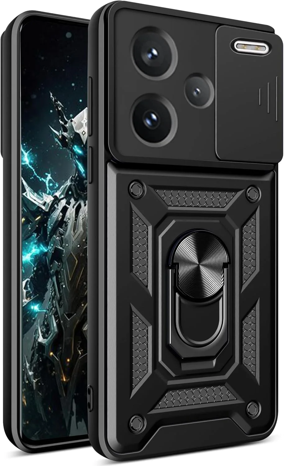 قاب محافظ کشویی دوربین گوشی شیائومی ردمی نوت ۱۳ پرو پلاس 5G، مقاوم در برابر ضربه، دارای حلقه استند، رنگ مشکی قاب محافظ کشویی دوربین گوشی شیائومی ردمی نوت ۱۳ پرو پلاس 5G، مقاوم در برابر ضربه، دارای حلقه استند، رنگ مشکی