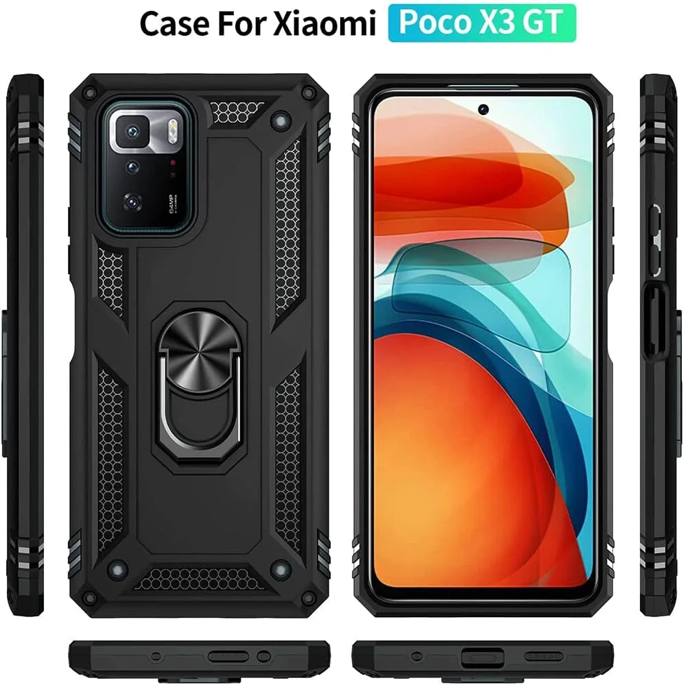 قاب محافظ دولاید برای گوشی شیائومی پوکو X3 GT / ردمی نوت 10 پرو 5G به همراه محافظ صفحه نمایش شیشه ای، دو لایه، ضد خش، ضد ضربه، دارای پایه، رنگ مشکی