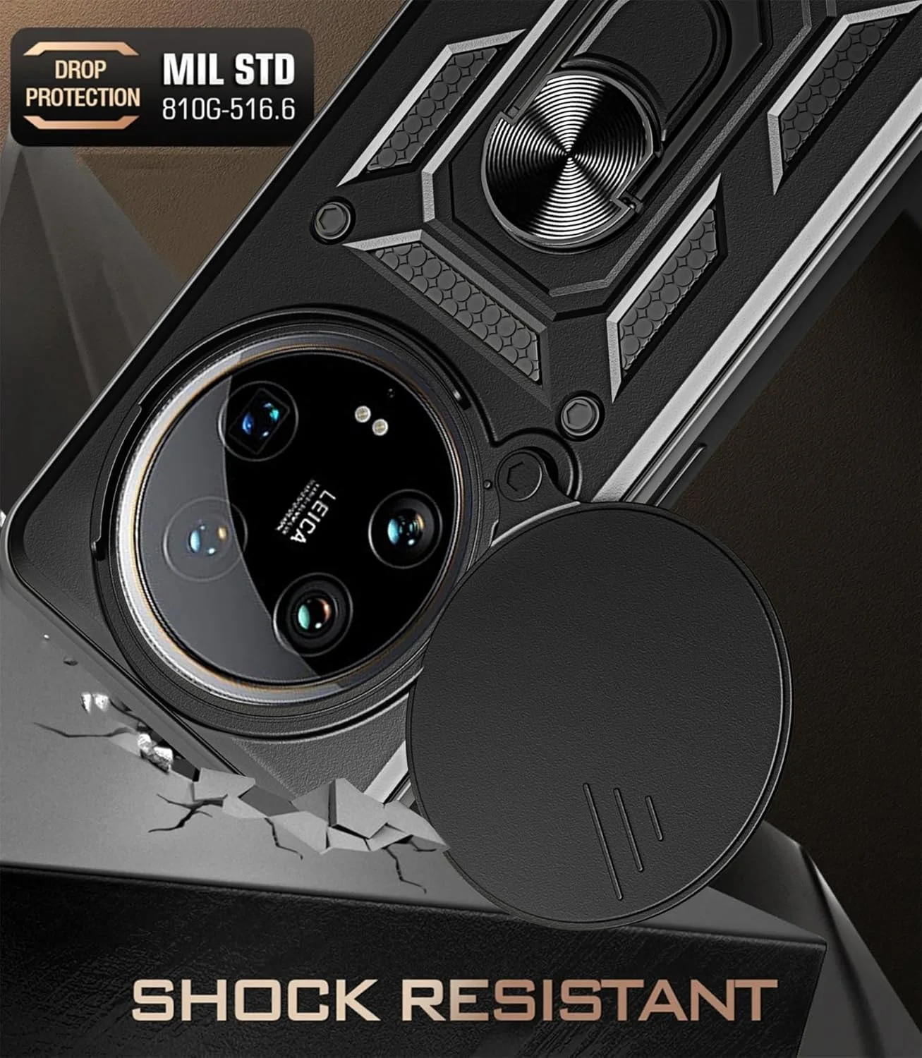 قاب محافظ گوشی شیائومی 14 اولترا مدل کشویی محافظ لنز دوربین، مقاوم در برابر ضربه با استاندارد نظامی به همراه حلقه چرخان