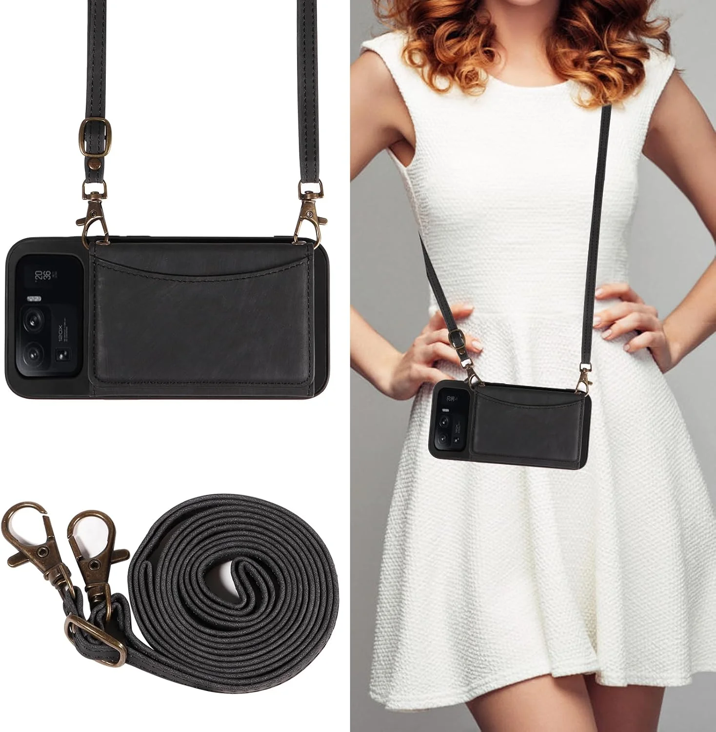 کیف پول گوشی موبایل شیائومی می 11 اولترا 5G با بند دوشی و جای کارت اعتباری چرمی، پایه تاشو باریک، لوازم جانبی موبایل Mi11Ultra Mi11 11Ultra G5 دخترانه زنانه مشکی