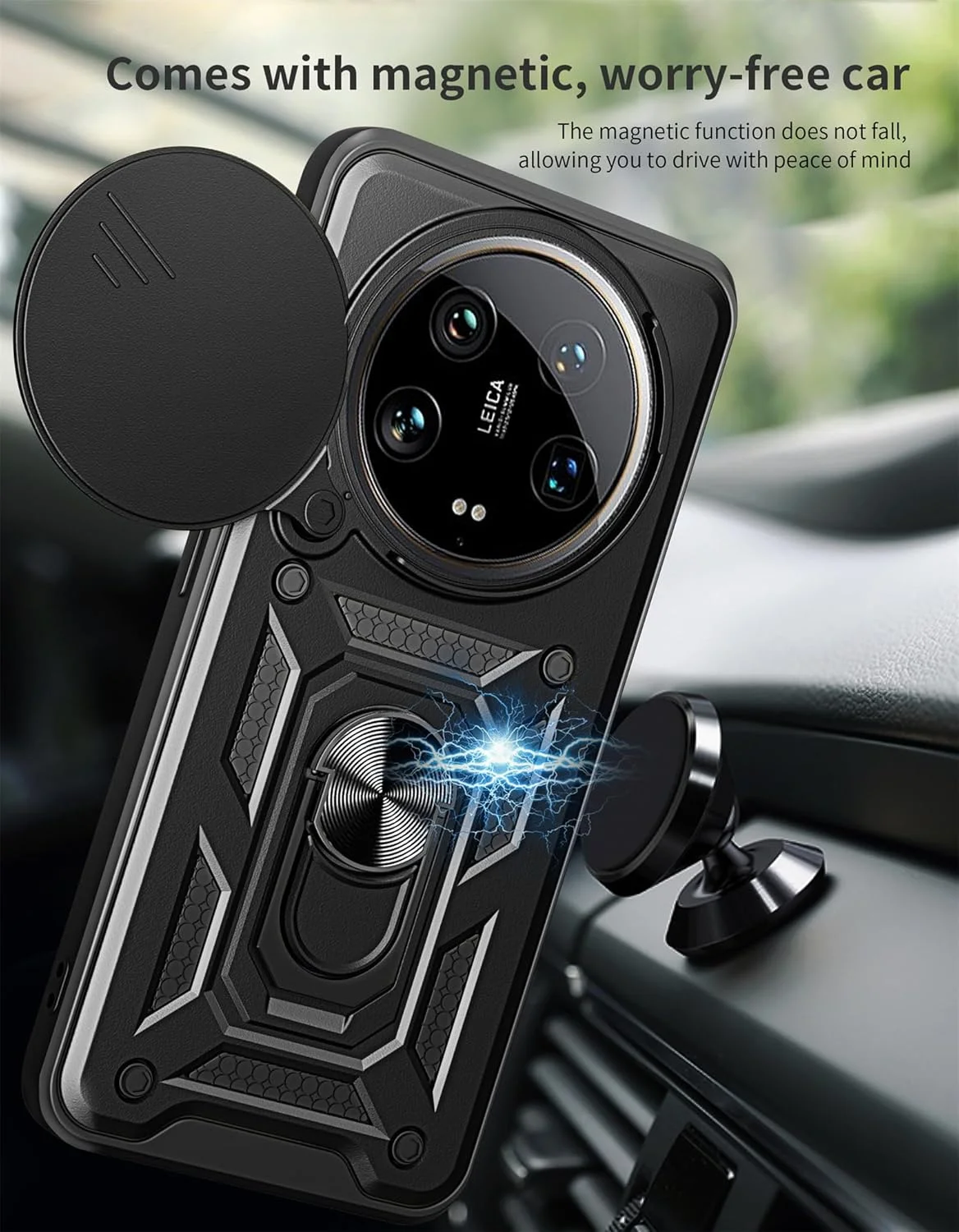 قاب محافظ گوشی شیائومی 14 اولترا مدل کشویی محافظ لنز دوربین، مقاوم در برابر ضربه با استاندارد نظامی به همراه حلقه چرخان