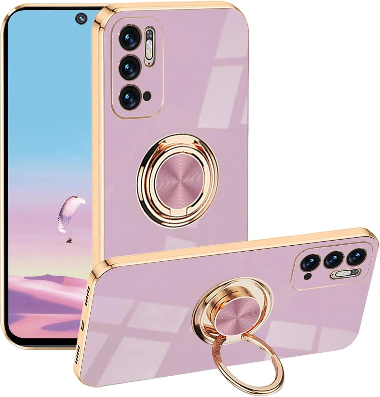 قاب سیلیکونی حلقه دار و آهنربایی سازگار با شیائومی ردمی نوت 10 5G، قاب گوشی شیائومی ردمی نوت 10 5G مناسب برای شیائومی پوکو M3 پرو، کاور نازک سفید مشکی با پایه فلزی چرخان 360 درجه (بنفش)