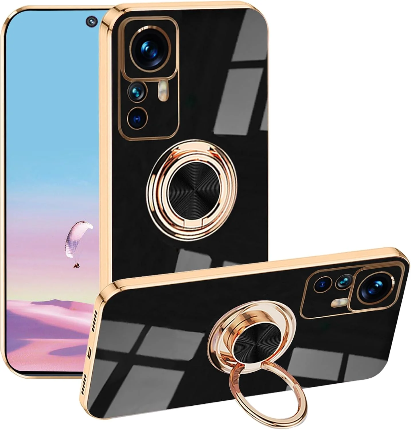 قاب محافظ سیلیکونی شیائومی 12T پرو / 12T با حلقه نگهدارنده و آهنربا، پوشش نازک سفید و پایه فلزی چرخان 360 درجه (مشکی)