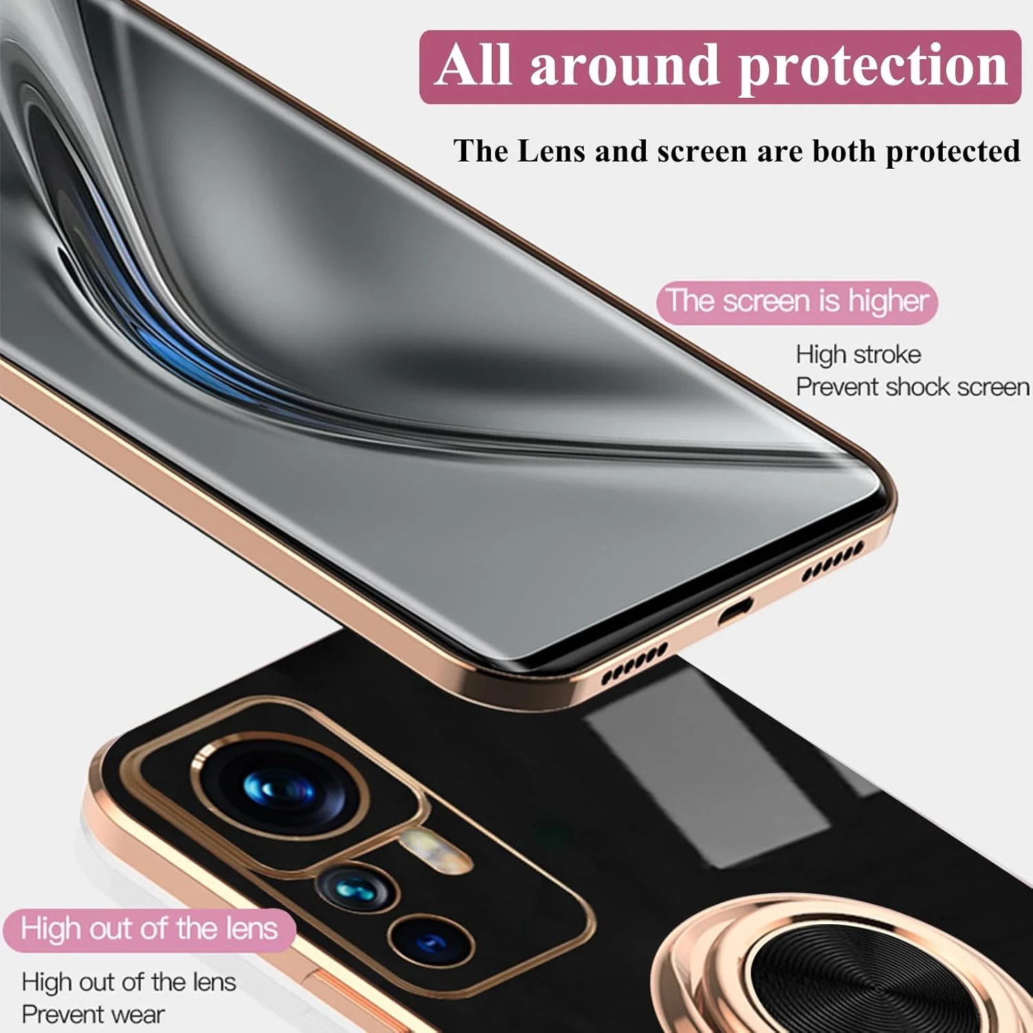 قاب محافظ سیلیکونی شیائومی 12T پرو / 12T با حلقه نگهدارنده و آهنربا، پوشش نازک سفید و پایه فلزی چرخان 360 درجه (مشکی)