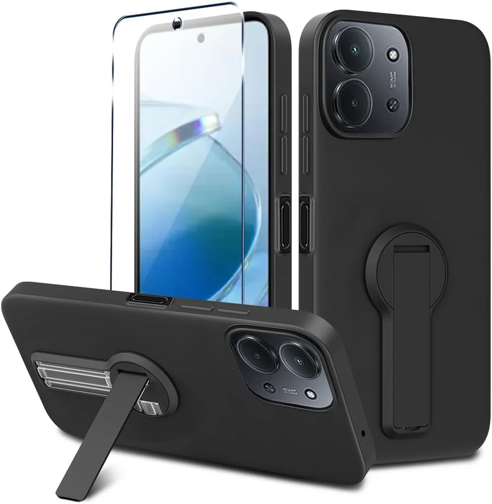 کاور محافظ گوشی شیائومی ردمی 15C / پوکو C85 به همراه محافظ صفحه نمایش، با قابلیت چرخش 360 درجه، دارای استند تاشو مخفی، جنس سیلیکون TPU ضد ضربه - مشکی