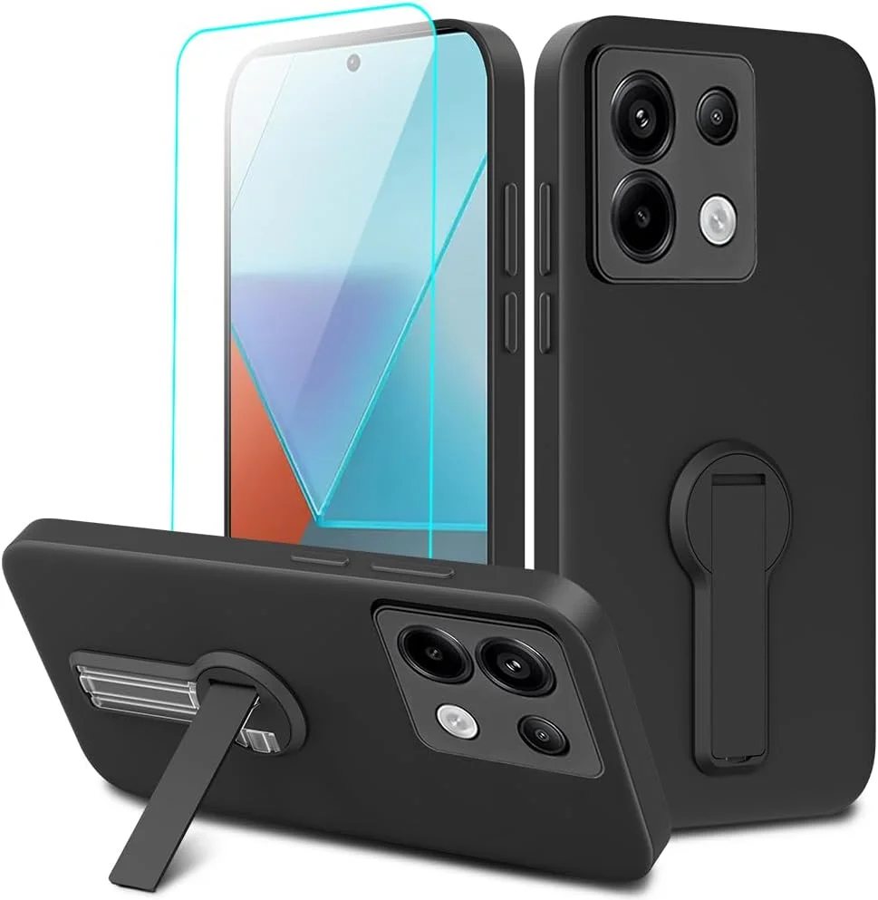 قاب محافظ گوشی شیائومی ردمی نوت 13 4G به همراه محافظ صفحه نمایش شیشه ای، با پایه تاشو و چرخان 360 درجه، پوشش محافظ سیلیکونی باریک مناسب برای ردمی نوت 13 4G 2024 - مشکی