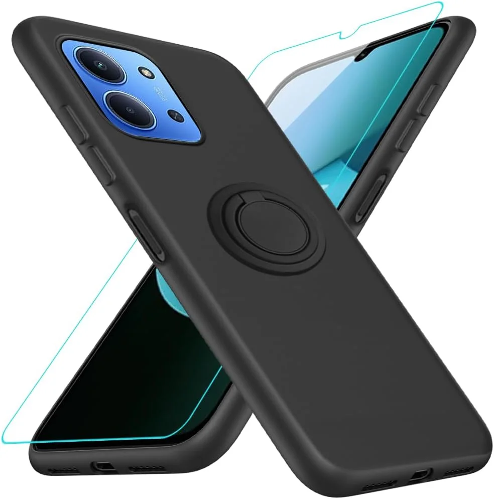 کاور محافظ گوشی شیائومی ردمی 15C / پوکو C85 به همراه محافظ صفحه نمایش، دارای حلقه نگهدارنده 360 درجه چرخان و استند، ساخته شده از سیلیکون TPU ضد ضربه - مشکی