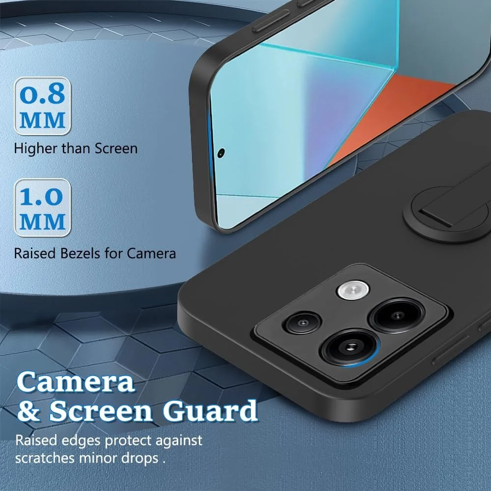 قاب محافظ گوشی شیائومی ردمی نوت 13 4G به همراه محافظ صفحه نمایش شیشه ای، با پایه تاشو و چرخان 360 درجه، پوشش محافظ سیلیکونی باریک مناسب برای ردمی نوت 13 4G 2024 - مشکی