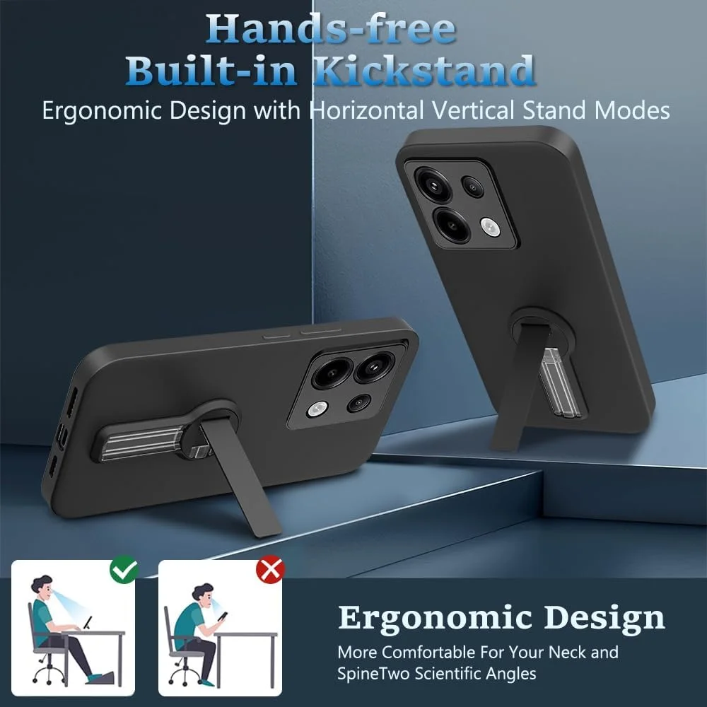 قاب محافظ گوشی شیائومی ردمی نوت 13 4G به همراه محافظ صفحه نمایش شیشه ای، با پایه تاشو و چرخان 360 درجه، پوشش محافظ سیلیکونی باریک مناسب برای ردمی نوت 13 4G 2024 - مشکی