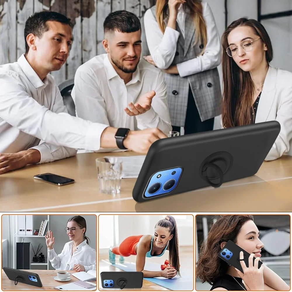 کاور محافظ گوشی شیائومی ردمی 15C / پوکو C85 به همراه محافظ صفحه نمایش، دارای حلقه نگهدارنده 360 درجه چرخان و استند، ساخته شده از سیلیکون TPU ضد ضربه - مشکی