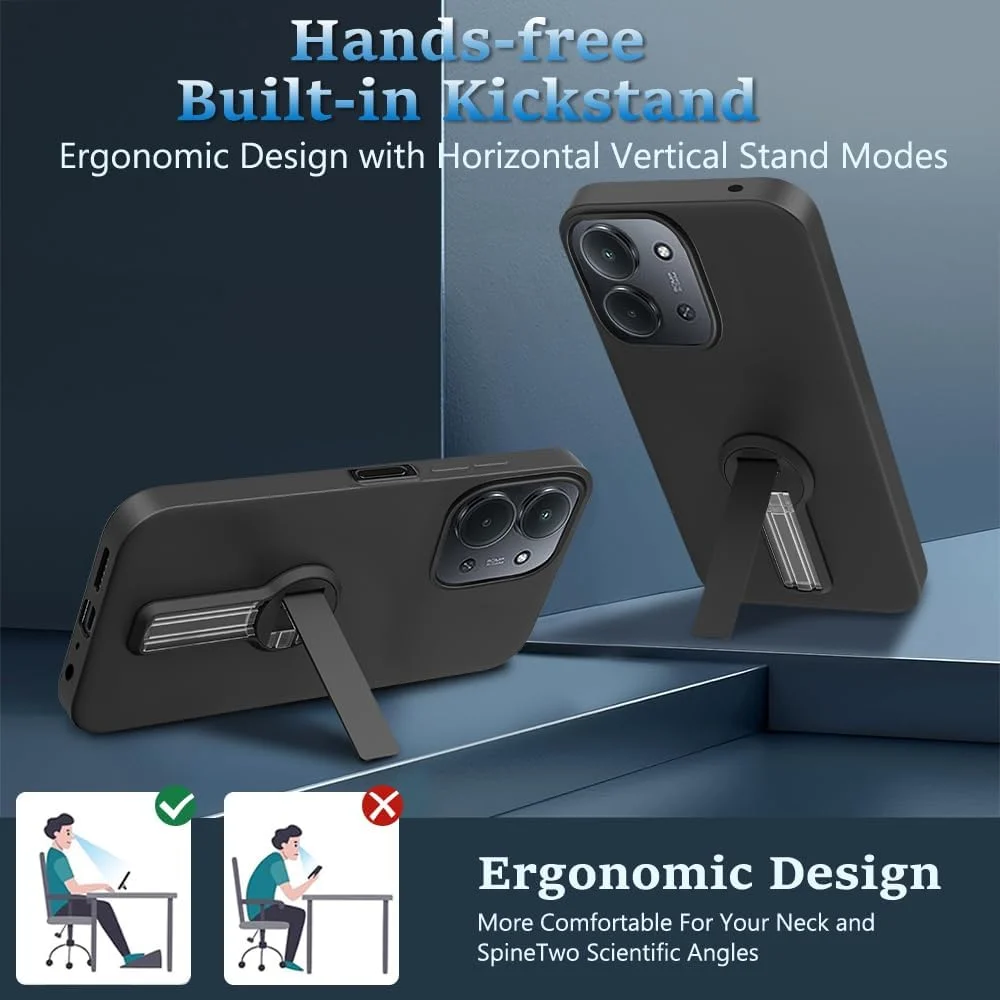 کاور محافظ گوشی شیائومی ردمی 15C / پوکو C85 به همراه محافظ صفحه نمایش، با قابلیت چرخش 360 درجه، دارای استند تاشو مخفی، جنس سیلیکون TPU ضد ضربه - مشکی