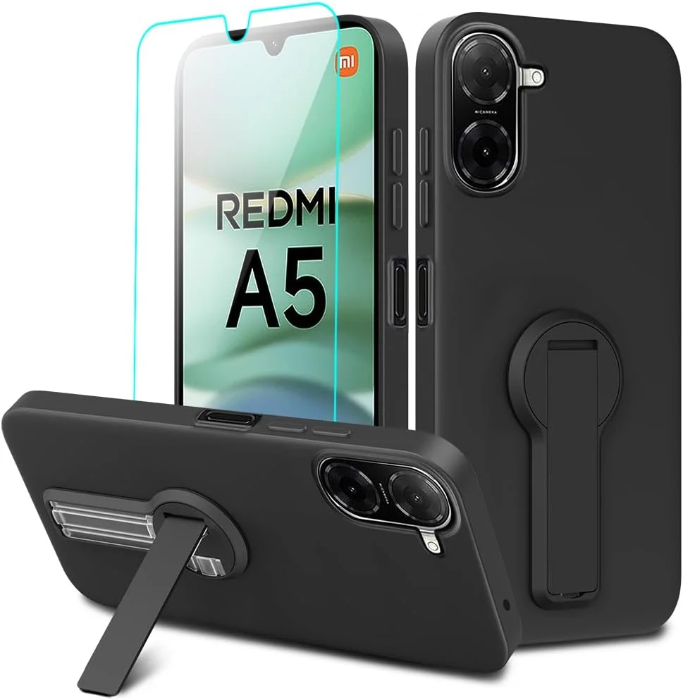 قاب محافظ گوشی شیائومی ردمی A5 4G / پوکو C71 4G به همراه محافظ صفحه نمایش شیشه ای، با پایه تاشو چرخشی 360 درجه، کاور محافظ سیلیکونی TPU برای ردمی A5 4G 2025 - مشکی