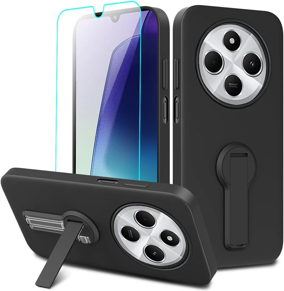 کاور محافظ سیلیکونی گوشی شیائومی ردمی 14C/ ردمی A4/ ردمی 14R/ پوکو C75 به همراه محافظ صفحه نمایش، دارای استند تاشو 360 درجه - مشکی