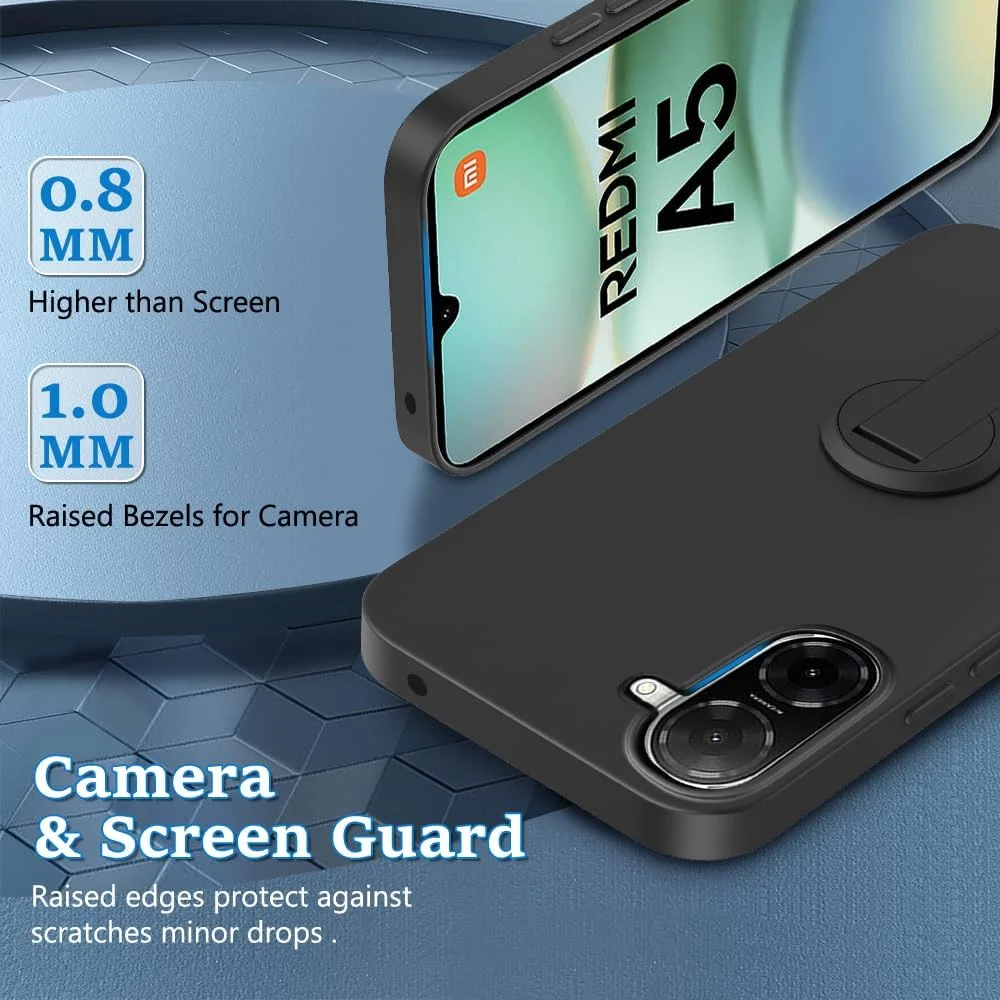 قاب محافظ گوشی شیائومی ردمی A5 4G / پوکو C71 4G به همراه محافظ صفحه نمایش شیشه ای، با پایه تاشو چرخشی 360 درجه، کاور محافظ سیلیکونی TPU برای ردمی A5 4G 2025 - مشکی