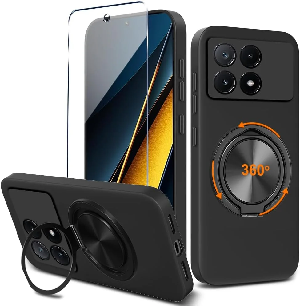 قاب محافظ گوشی سازگار با شیائومی پوکو X6 Pro 5G / ردمی K70E 5G به همراه محافظ صفحه نمایش، دارای حلقه نگهدارنده چرخان 360 درجه و پایه استند، کاور محافظ TPU باریک برای شیائومی پوکو X6 Pro 5G، مشکی