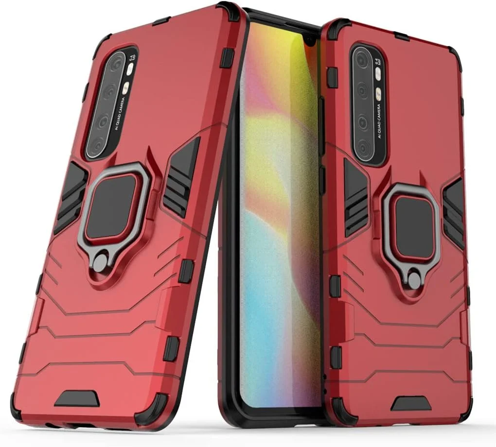 قاب محافظ سازگار با گوشی شیائومی می نوت 10 لایت، با حلقه فلزی و استند، ضد ضربه، بامپر سخت، پوشش دو لایه مقاوم (قرمز)