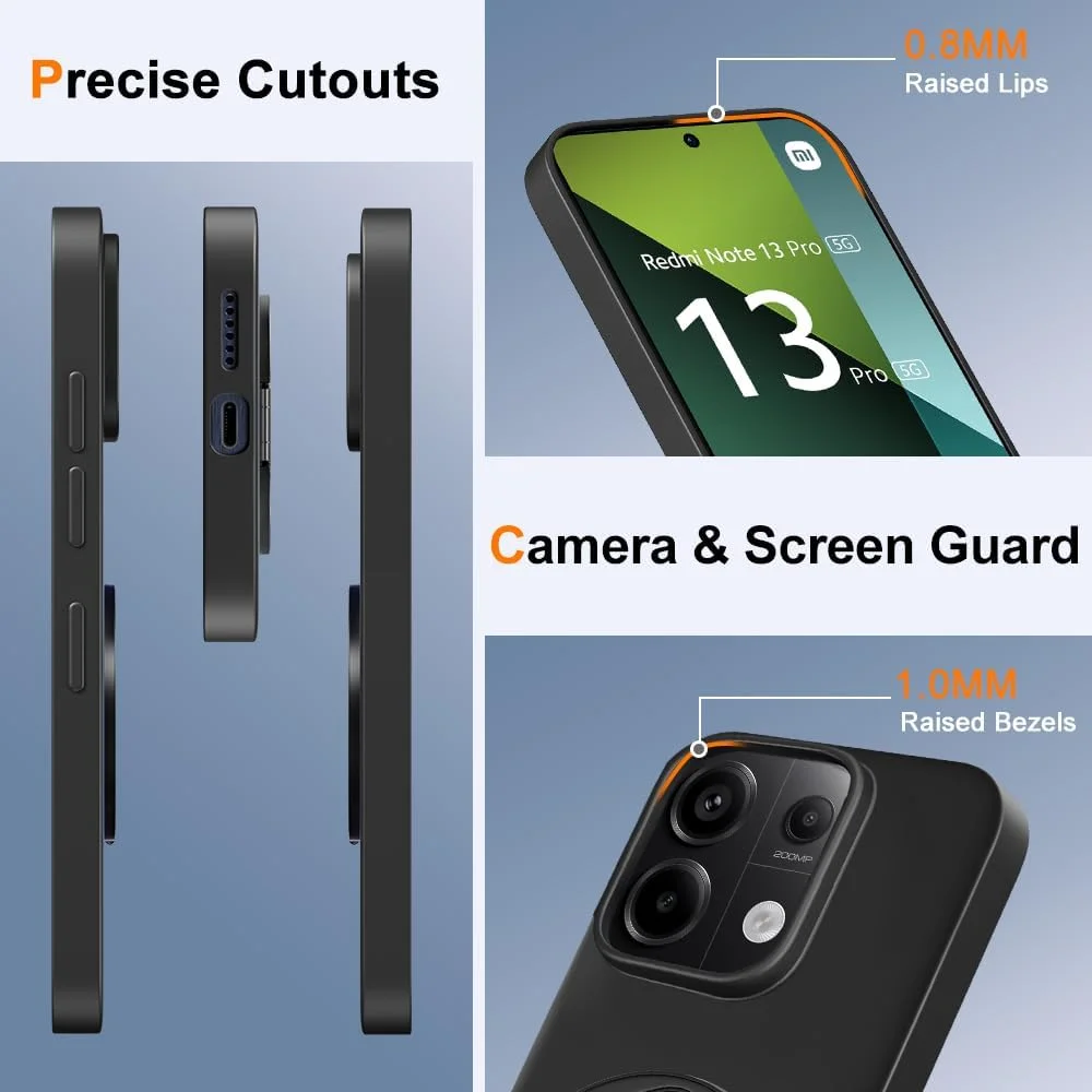 قاب محافظ گوشی سازگار با شیائومی ردمی نوت 13 پرو / پوکو X6 5G به همراه محافظ صفحه نمایش، دارای حلقه نگهدارنده چرخان 360 درجه و استند، کاور محافظ سیلیکونی باریک برای ردمی نوت 13 پرو 5G - مشکی