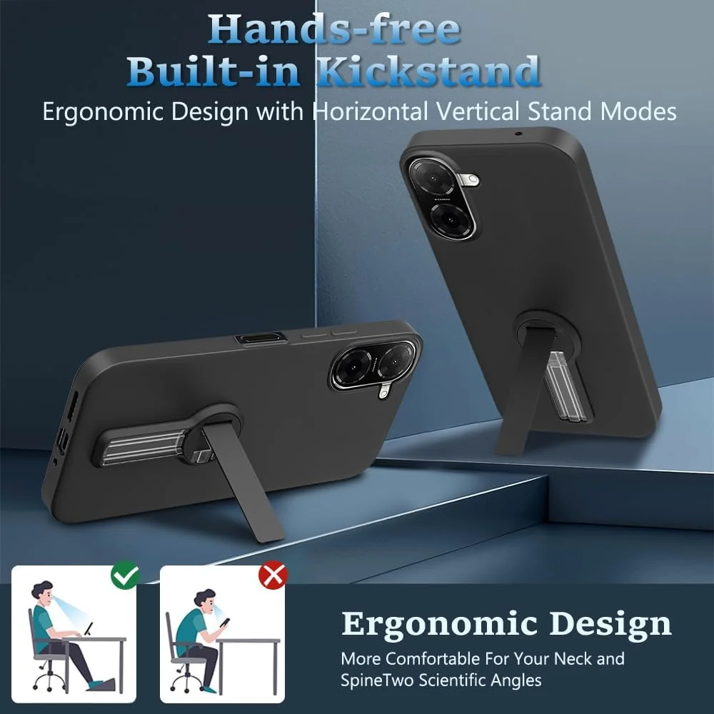 قاب محافظ گوشی شیائومی ردمی A5 4G / پوکو C71 4G به همراه محافظ صفحه نمایش شیشه ای، با پایه تاشو چرخشی 360 درجه، کاور محافظ سیلیکونی TPU برای ردمی A5 4G 2025 - مشکی