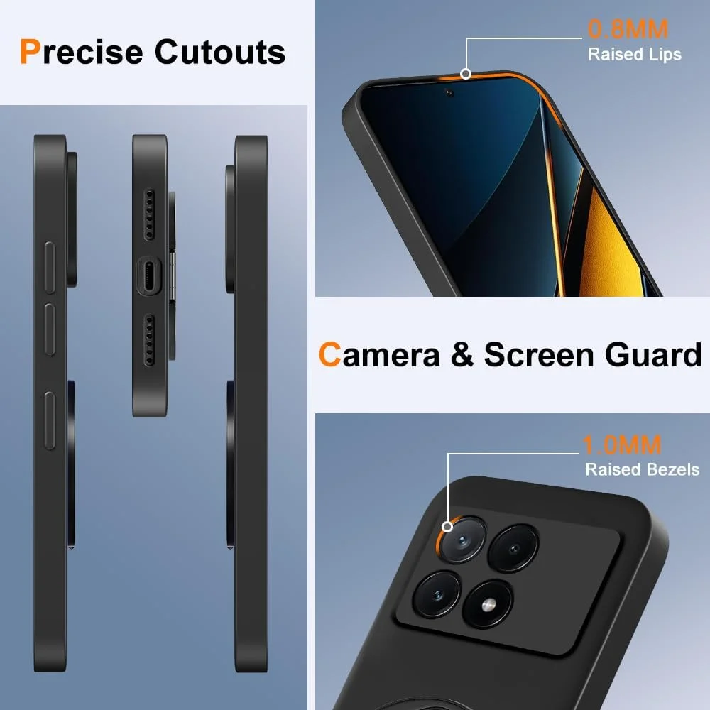 قاب محافظ گوشی سازگار با شیائومی پوکو X6 Pro 5G / ردمی K70E 5G به همراه محافظ صفحه نمایش، دارای حلقه نگهدارنده چرخان 360 درجه و پایه استند، کاور محافظ TPU باریک برای شیائومی پوکو X6 Pro 5G، مشکی