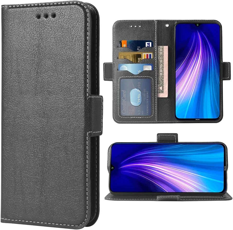کیف پول چرمی سازگار با شیائومی ردمی نوت 8، دارای بند مچی، کاور تاشو، جای کارت، استند، لوازم جانبی تلفن همراه، مناسب برای زنان و مردان - مشکی