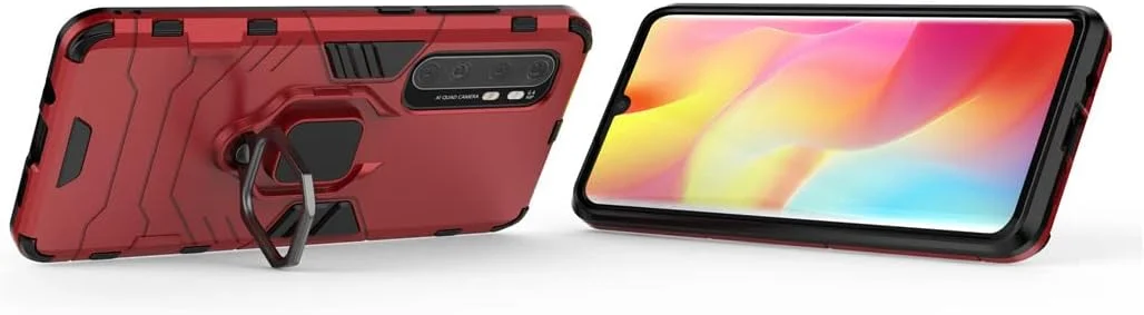 قاب محافظ سازگار با گوشی شیائومی می نوت 10 لایت، با حلقه فلزی و استند، ضد ضربه، بامپر سخت، پوشش دو لایه مقاوم (قرمز)