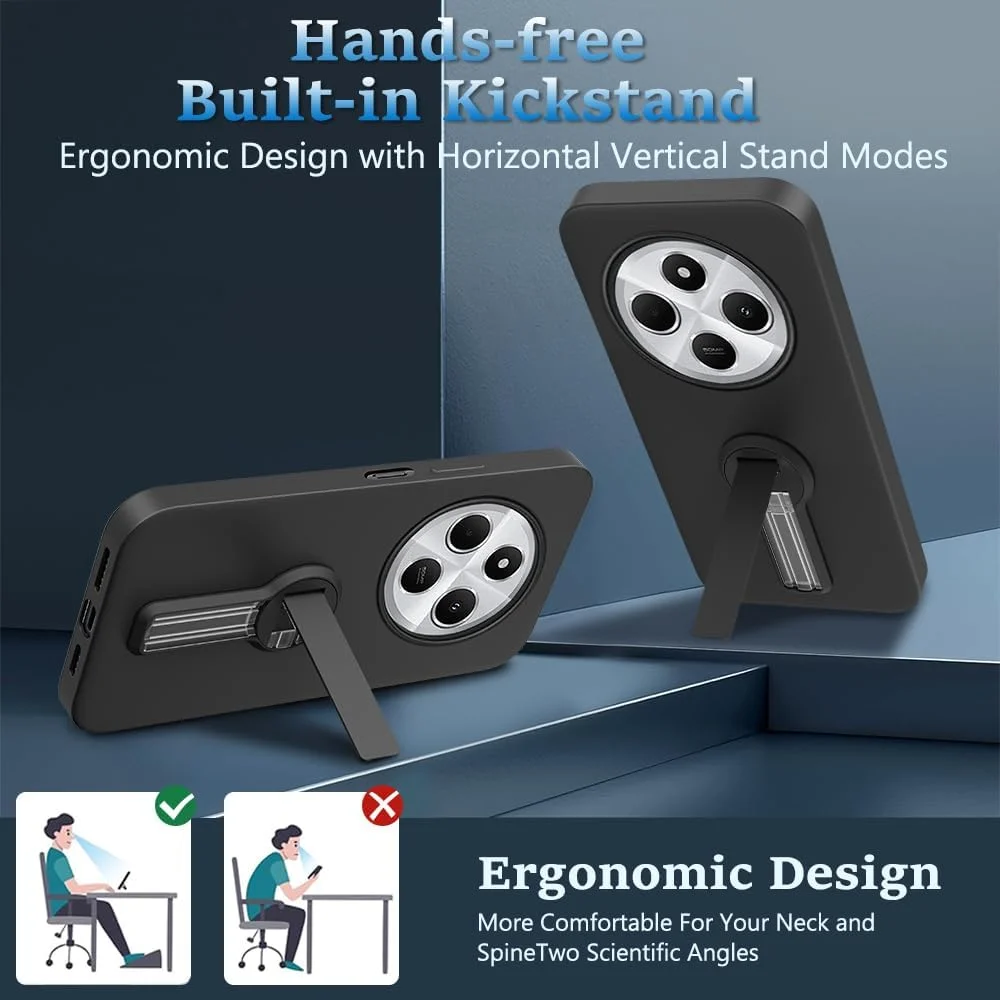 کاور محافظ سیلیکونی گوشی شیائومی ردمی 14C/ ردمی A4/ ردمی 14R/ پوکو C75 به همراه محافظ صفحه نمایش، دارای استند تاشو 360 درجه - مشکی