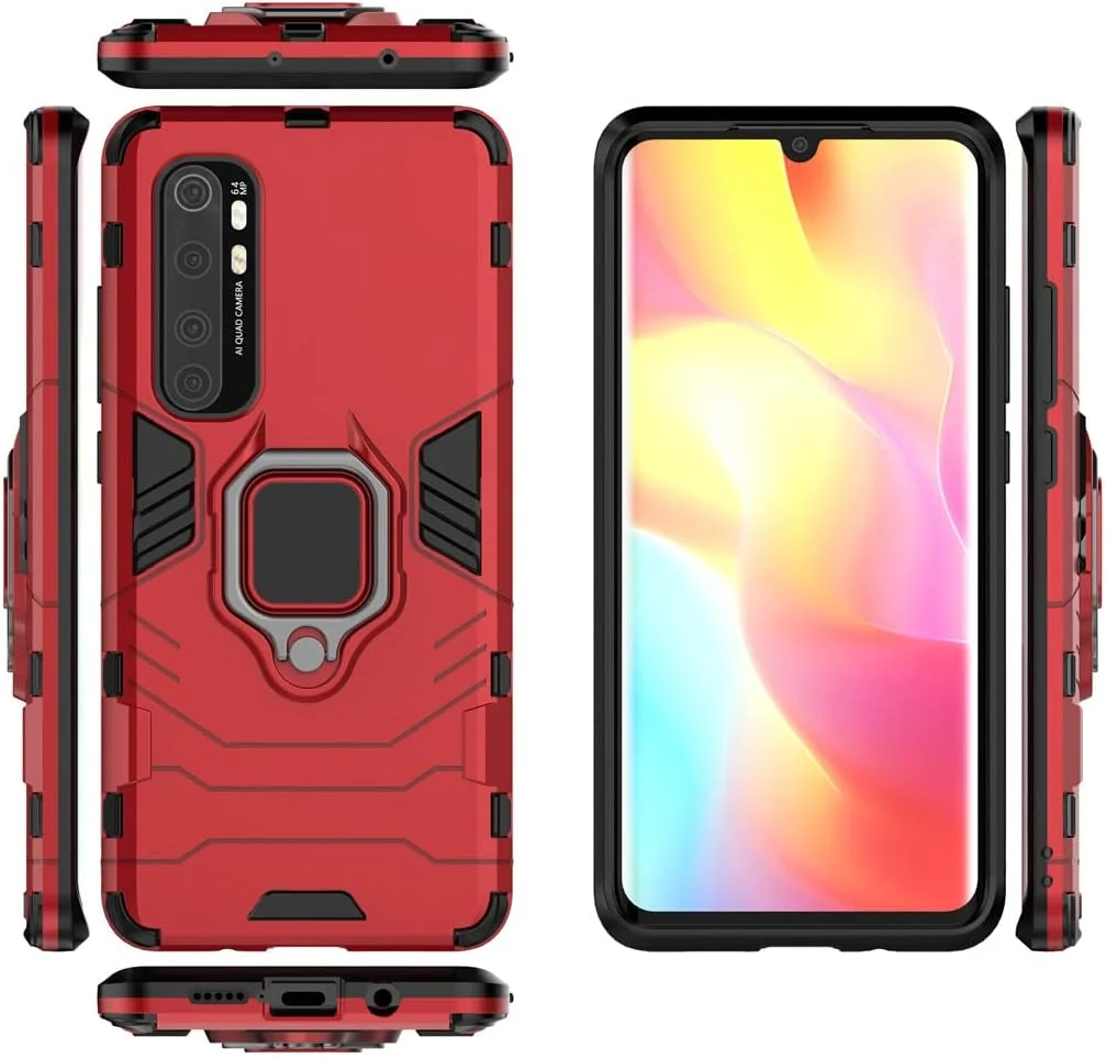 قاب محافظ سازگار با گوشی شیائومی می نوت 10 لایت، با حلقه فلزی و استند، ضد ضربه، بامپر سخت، پوشش دو لایه مقاوم (قرمز)